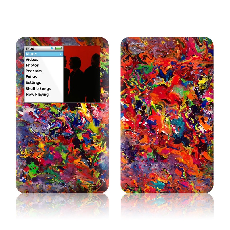 iPod classic Skin design of Colorfulness, Modern art, Acrylic paint, Painting, Visual arts, Art, Psychedelic art, Textile, Pattern, Paint, with red, yellow, green, orange, yellow colors