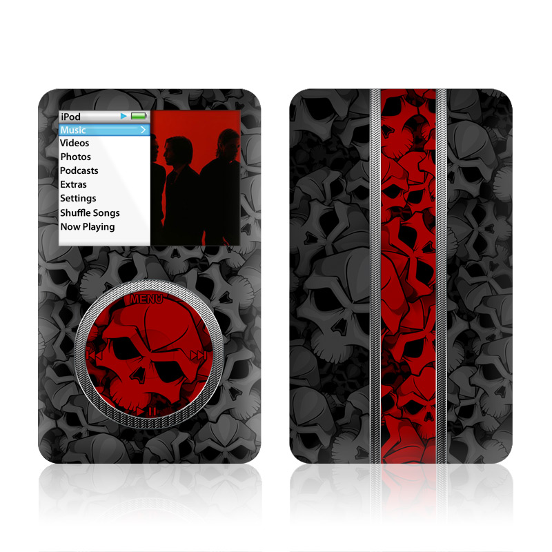 iPod classic Skin design of Font, Text, Pattern, Design, Graphic design, Black-and-white, Monochrome, Graphics, Illustration, Art, with black, red, gray colors