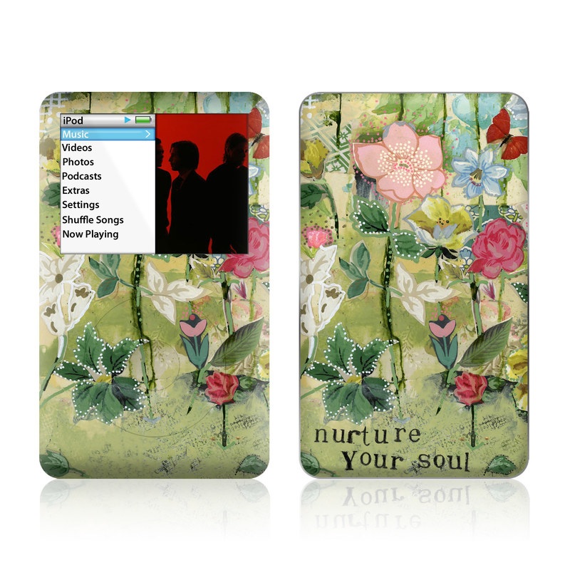 iPod classic Skin design of Flower, Plant, Botany, Pink, Wildflower, Flowering plant, Watercolor paint, Petal, Floral design, Pattern, with green, pink, red, blue, white, black colors