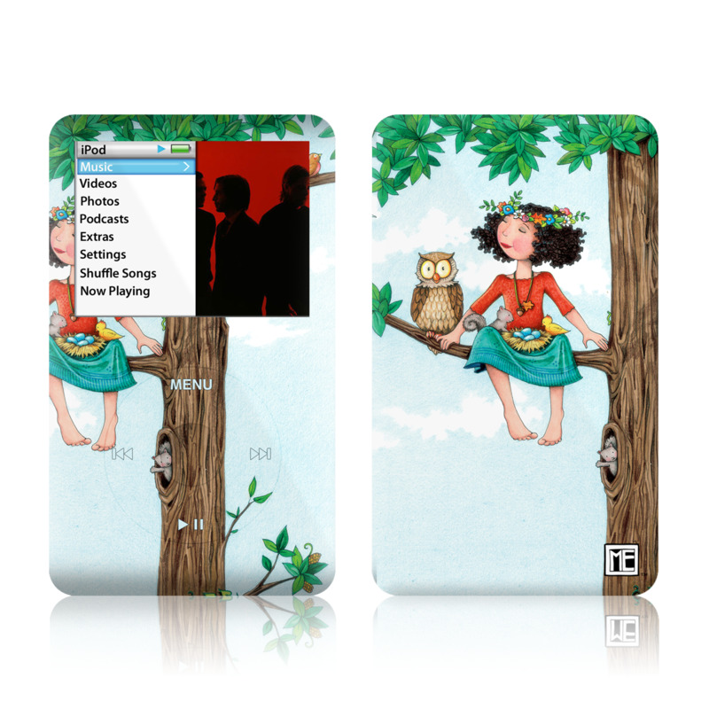 iPod classic Skin design of Cartoon, Illustration, Branch, Bird, Owl, Tree, Art, Plant, Clip art, Fictional character, with blue, gray, red, black, white, green colors