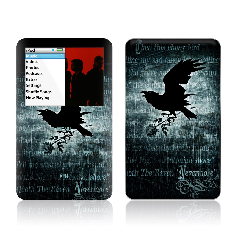 iPod classic Skin design of Bird, Text, Wing, Graphic design, Darkness, Font, Illustration, Graphics, with black, white, blue colors