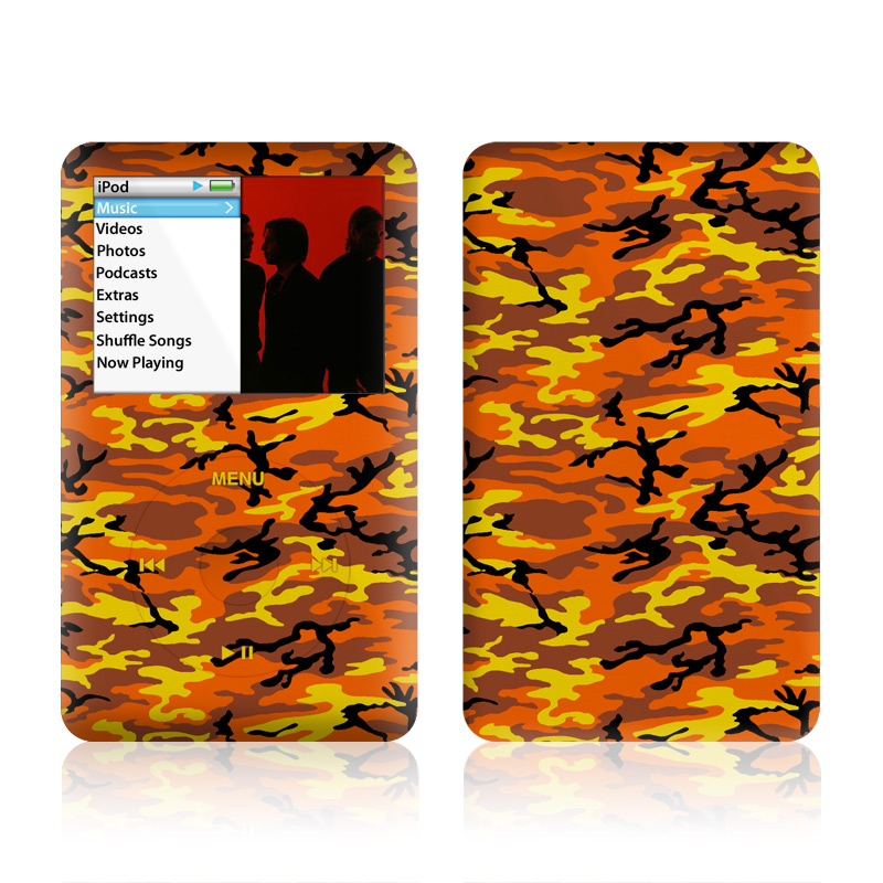 iPod classic Skin design of Military camouflage, Orange, Pattern, Camouflage, Yellow, Brown, Uniform, Design, Tree, Wildlife, with red, green, black colors