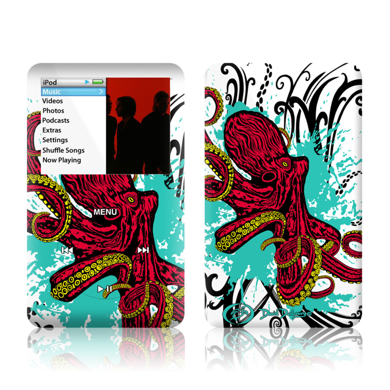 iPod classic Skin design of Graphic design, Illustration, Visual arts, Octopus, Design, Art, Fictional character, Pattern, Clip art, Line art, with black, white, gray, red, blue, green colors