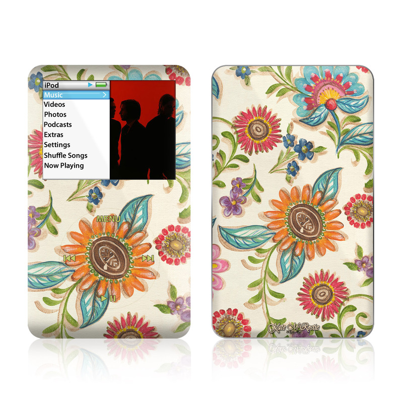 iPod classic Skin design of Pattern, Floral design, Flower, Botany, Design, Visual arts, Textile, Plant, Wildflower, Pedicel, with gray, green, pink, yellow, red, blue colors
