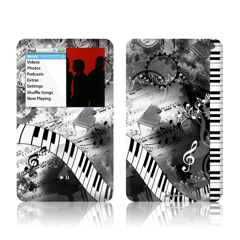 iPod classic Skin design of Music, Monochrome, Black-and-white, Illustration, Graphic design, Musical instrument, Technology, Musical keyboard, Piano, Electronic instrument, with black, gray, white colors