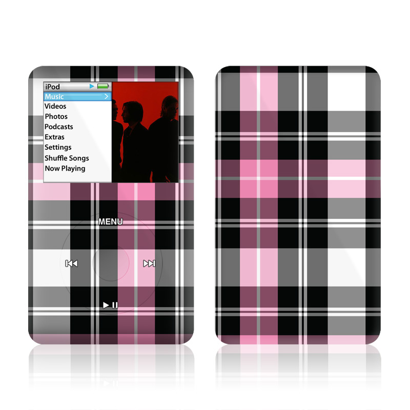 iPod classic Skin design of Plaid, Tartan, Pattern, Pink, Purple, Violet, Line, Textile, Magenta, Design, with black, gray, pink, red, white, purple colors