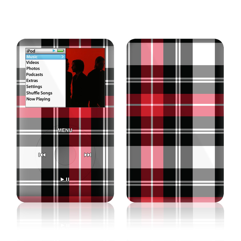 iPod classic Skin design of Plaid, Tartan, Pattern, Red, Textile, Design, Line, Pink, Magenta, Square, with black, gray, pink, red, white colors