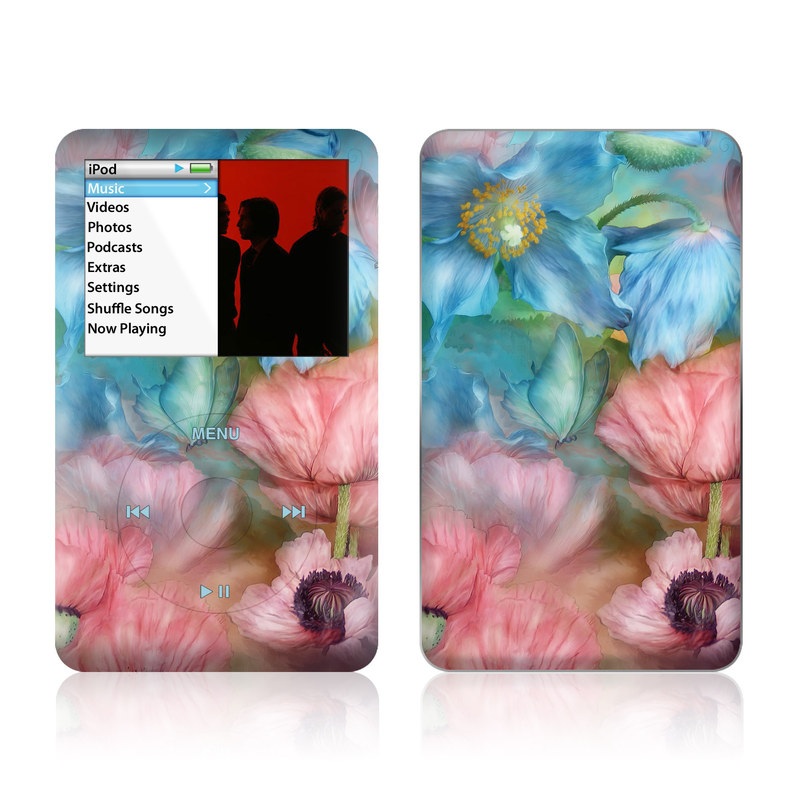 iPod classic Skin design of Flower, Petal, Watercolor paint, Painting, Plant, Flowering plant, Pink, Botany, Wildflower, Still life, with gray, blue, black, red, green colors