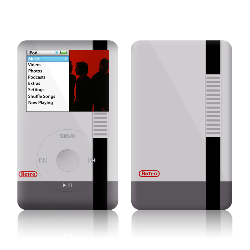 iPod classic Skin design of Text, Font, Red, Product, Logo, Brand, Material property, Graphics, Rectangle, with gray, black, red colors