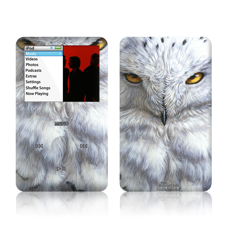iPod classic Skin design of Owl, Bird, Bird of prey, Snowy owl, great grey owl, Close-up, Eye, Snout, Wildlife, Eastern Screech owl, with gray, white, black, blue, purple colors