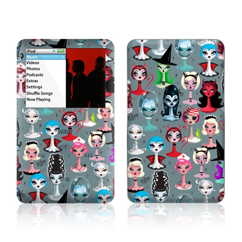 iPod classic Skin design of Facial expression, Head, Design, Collection, Fictional character, Pattern, Skull, Illustration, Collage, Style, with gray, white, red, blue, green, black, pink, purple colors