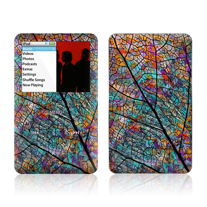 iPod classic Skin design of Pattern, Colorfulness, Line, Branch, Tree, Leaf, Design, Visual arts, Glass, Plant, with black, gray, red, blue, green colors