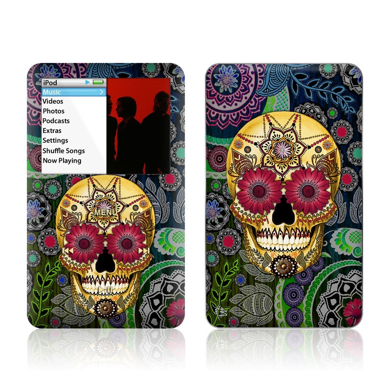 iPod classic Skin design of Skull, Bone, Pattern, Psychedelic art, Visual arts, Design, Illustration, Art, Textile, Plant, with black, red, gray, green, blue colors
