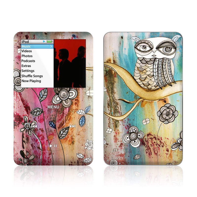 iPod classic Skin design of Owl, Pink, Illustration, Art, Visual arts, Watercolor paint, Organism, Modern art, Graphic design, Pattern, with gray, red, green, black, blue, purple colors