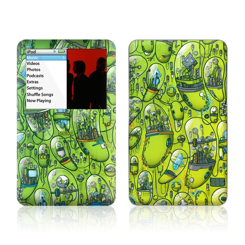 iPod classic Skin design of Green, Pattern, Yellow, Design, Illustration, Plant, Art, Graphic design, Urban design, with green, blue, gray, yellow, orange colors