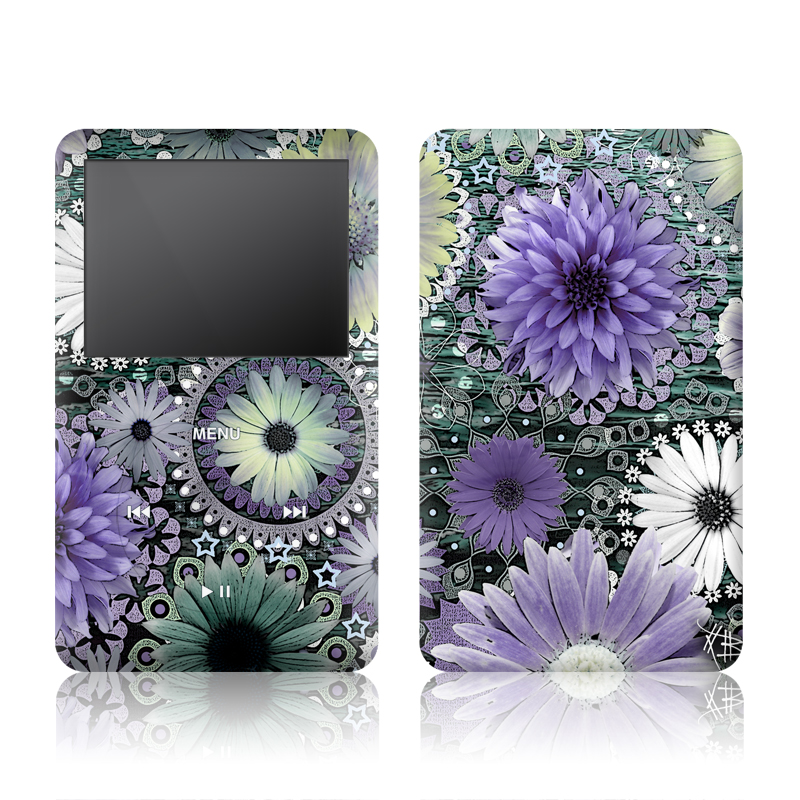 iPod classic Skin design of Purple, Flower, african daisy, Pericallis, Plant, Violet, Lavender, Botany, Petal, Pattern, with gray, black, blue, purple, white colors