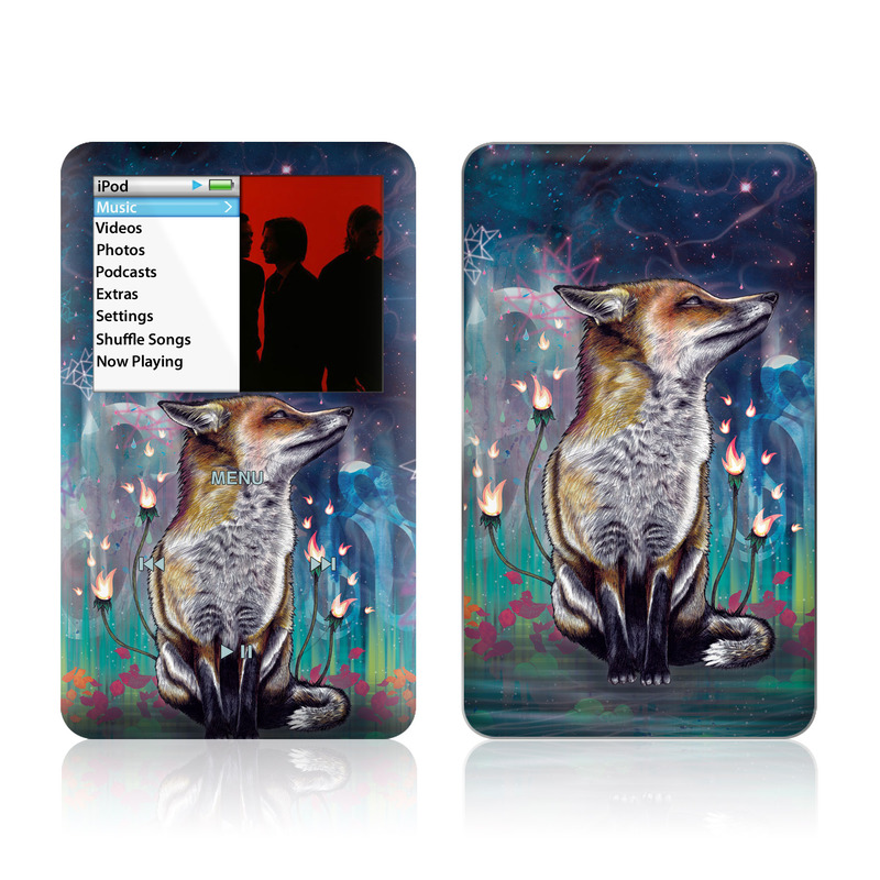 iPod classic Skin design of Red fox, Art, Wildlife, Canidae, Illustration, Fox, Carnivore, Painting, Dhole, Red wolf, with black, gray, blue, red, green colors