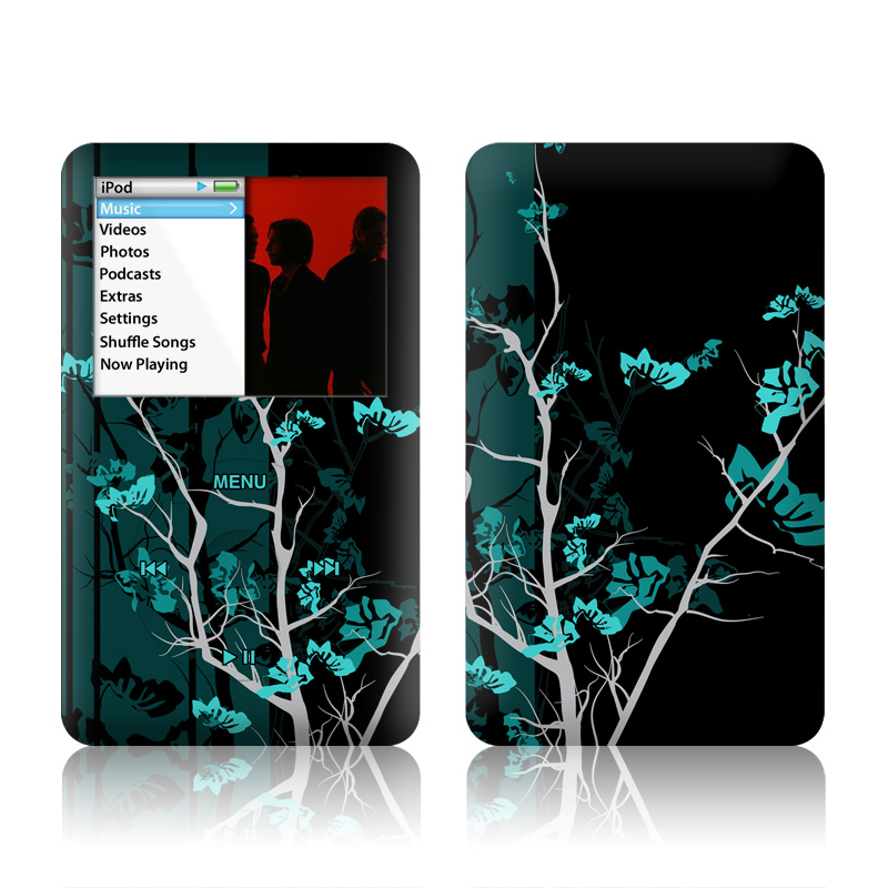 iPod classic Skin design of Branch, Black, Blue, Green, Turquoise, Teal, Tree, Plant, Graphic design, Twig, with black, blue, gray colors
