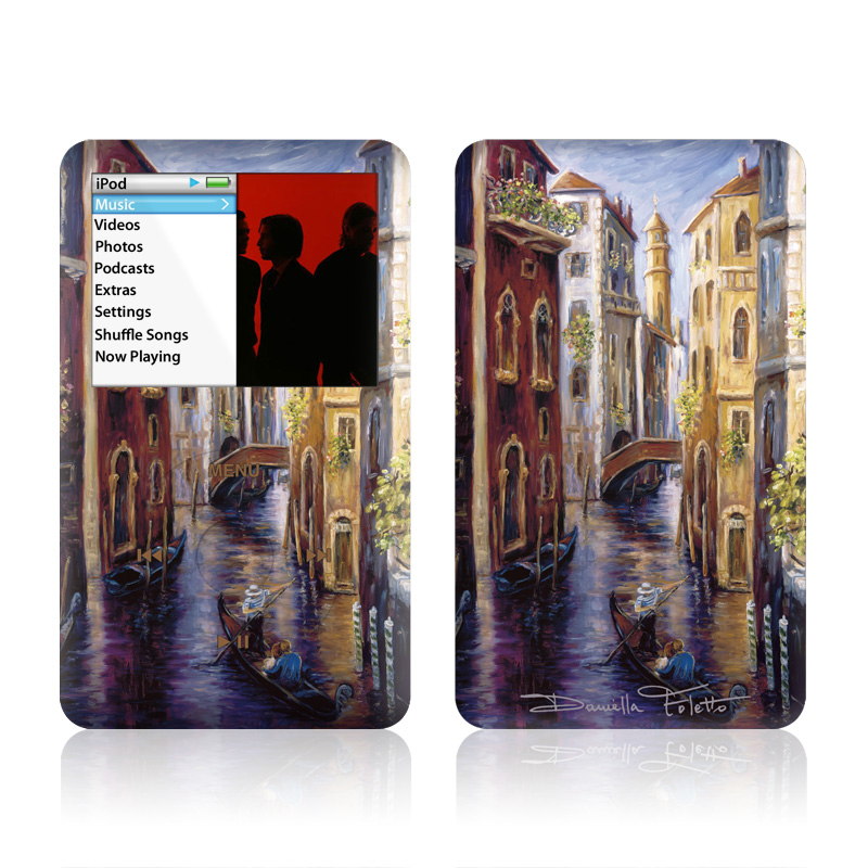 iPod classic Skin design of Painting, Watercolor paint, Waterway, Gondola, Canal, Art, Modern art, Acrylic paint, Visual arts, Building, with black, gray, red, green, blue, pink colors