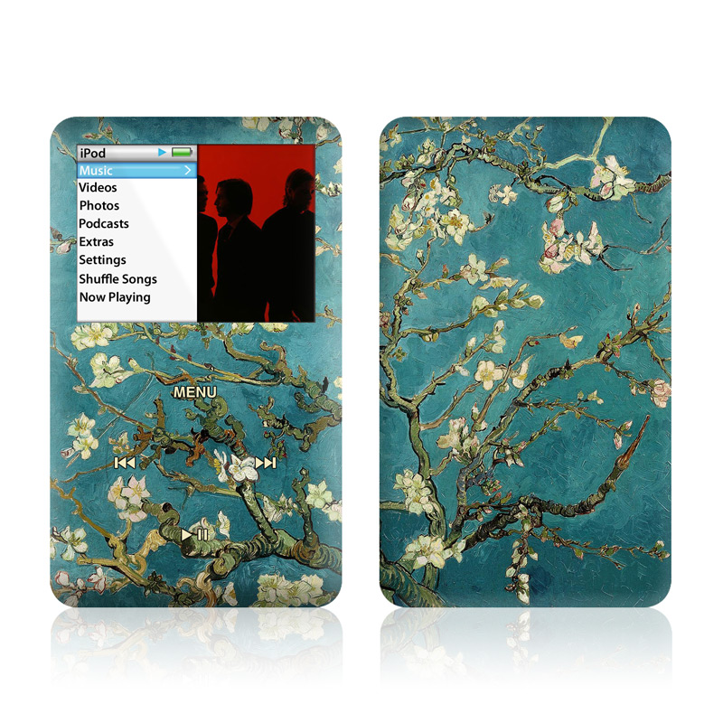iPod classic Skin design of Tree, Branch, Plant, Flower, Blossom, Spring, Woody plant, Perennial plant, with blue, black, gray, green colors