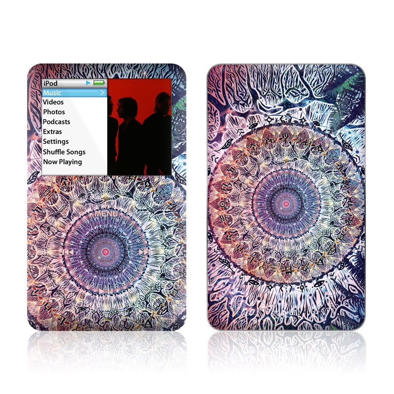 iPod classic Skin design of Tapestry, Pattern, Art, Close-up, Circle, Fractal art, Textile, Eye, Design, Kaleidoscope, with blue, red, yellow, purple, green colors