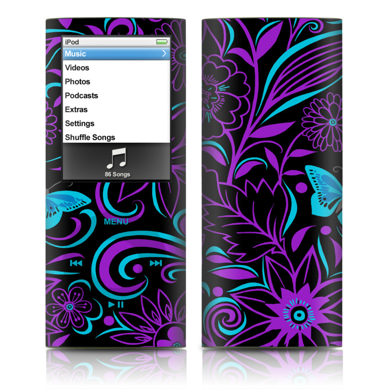iPod nano 4th Gen Skin design of Pattern, Purple, Violet, Turquoise, Teal, Design, Floral design, Visual arts, Magenta, Motif, with black, purple, blue colors