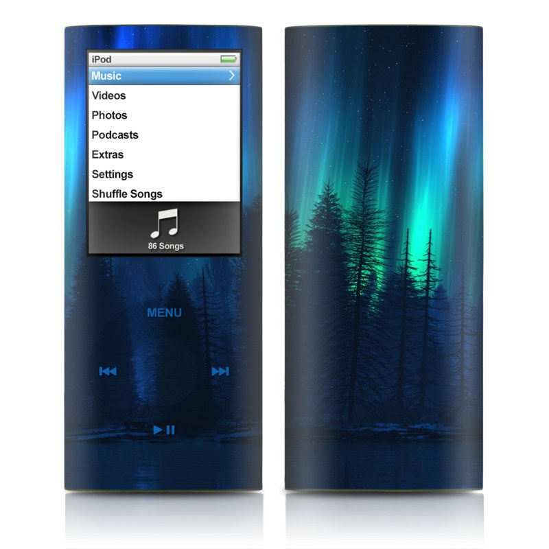 iPod nano 4th Gen Skin design of Blue, Light, Natural environment, Tree, Sky, Forest, Darkness, Aurora, Night, Electric blue, with black, blue colors