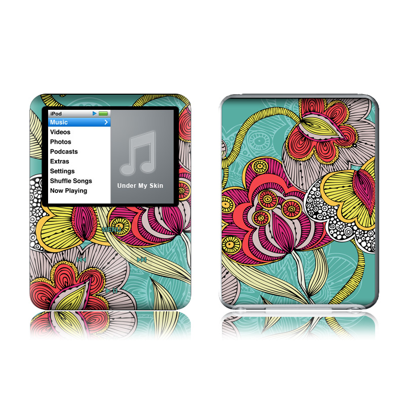 iPod nano 3rd Gen Skin design of Pattern, Visual arts, Motif, Floral design, Design, Art, Plant, Flower, Organism, Textile, with red, yellow, blue, gray, pink colors