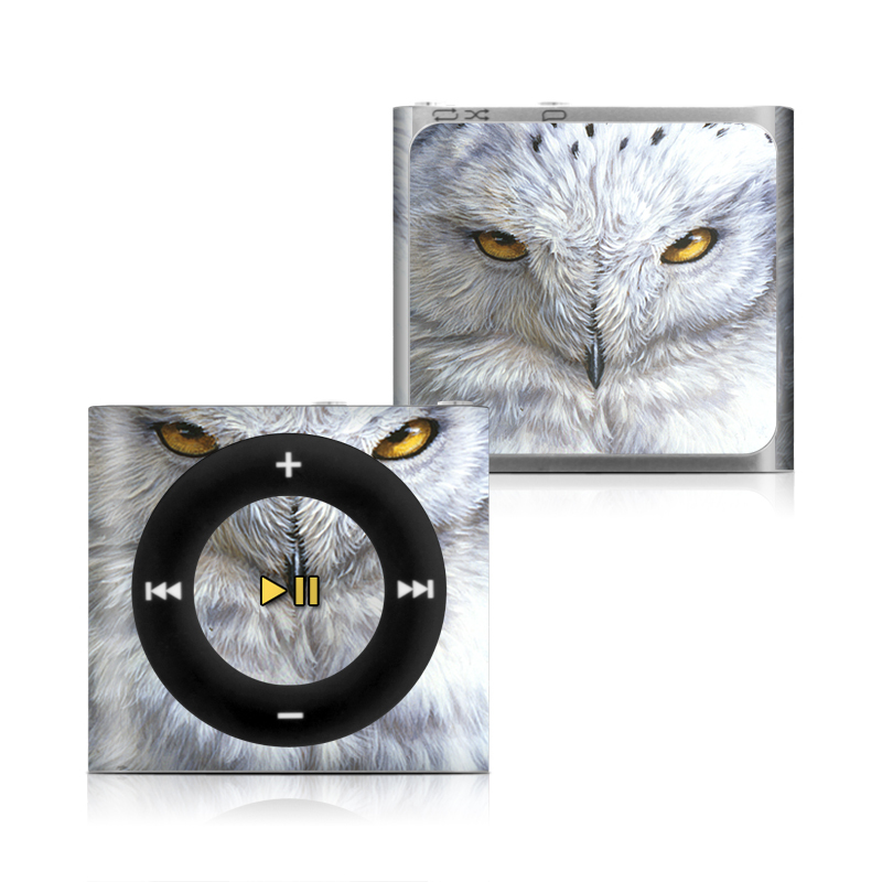iPod shuffle 4th Gen Skin design of Owl, Bird, Bird of prey, Snowy owl, great grey owl, Close-up, Eye, Snout, Wildlife, Eastern Screech owl, with gray, white, black, blue, purple colors