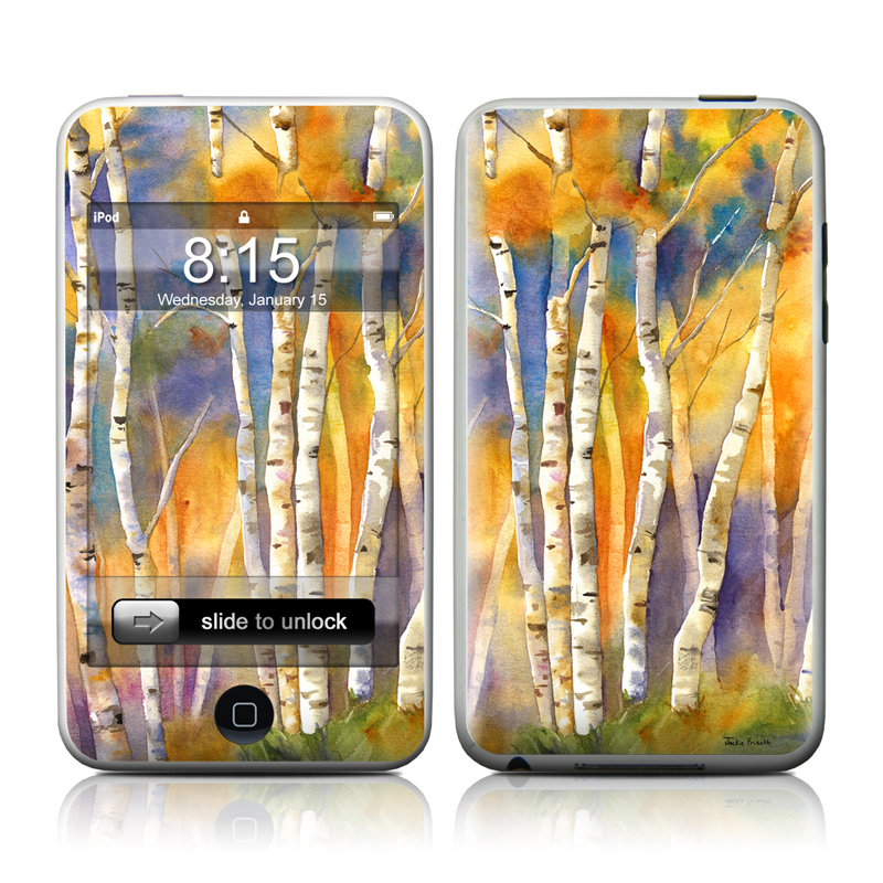 iPod touch 1st Gen Skin design of Canoe birch, Watercolor paint, Tree, Birch, Woody plant, Painting, Plant, Birch family, Paint, Trunk, with orange, yellow, green, white, purple, blue colors