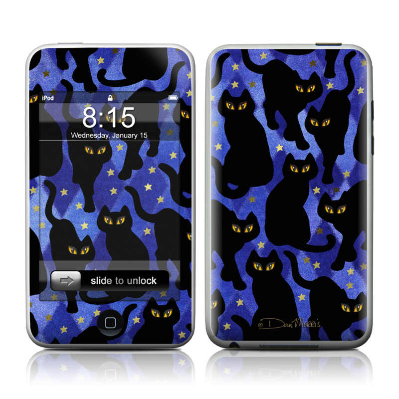 iPod touch 1st Gen Skin design of Black cat, Black, Cat, Small to medium-sized cats, Pattern, Felidae, Design, Electric blue, Illustration, Art, with black, blue, purple, yellow colors