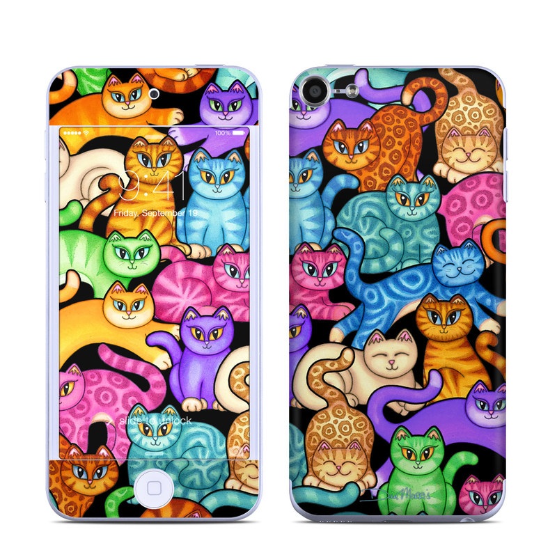 iPod touch 6th Gen Skin design of Cat, Cartoon, Felidae, Organism, Small to medium-sized cats, Illustration, Animated cartoon, Wildlife, Kitten, Art, with black, blue, red, purple, green, brown colors