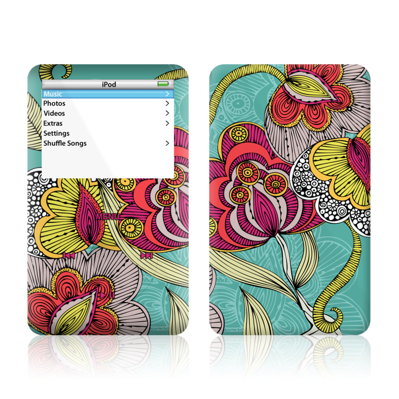 iPod 5th Gen Skin design of Pattern, Visual arts, Motif, Floral design, Design, Art, Plant, Flower, Organism, Textile, with red, yellow, blue, gray, pink colors