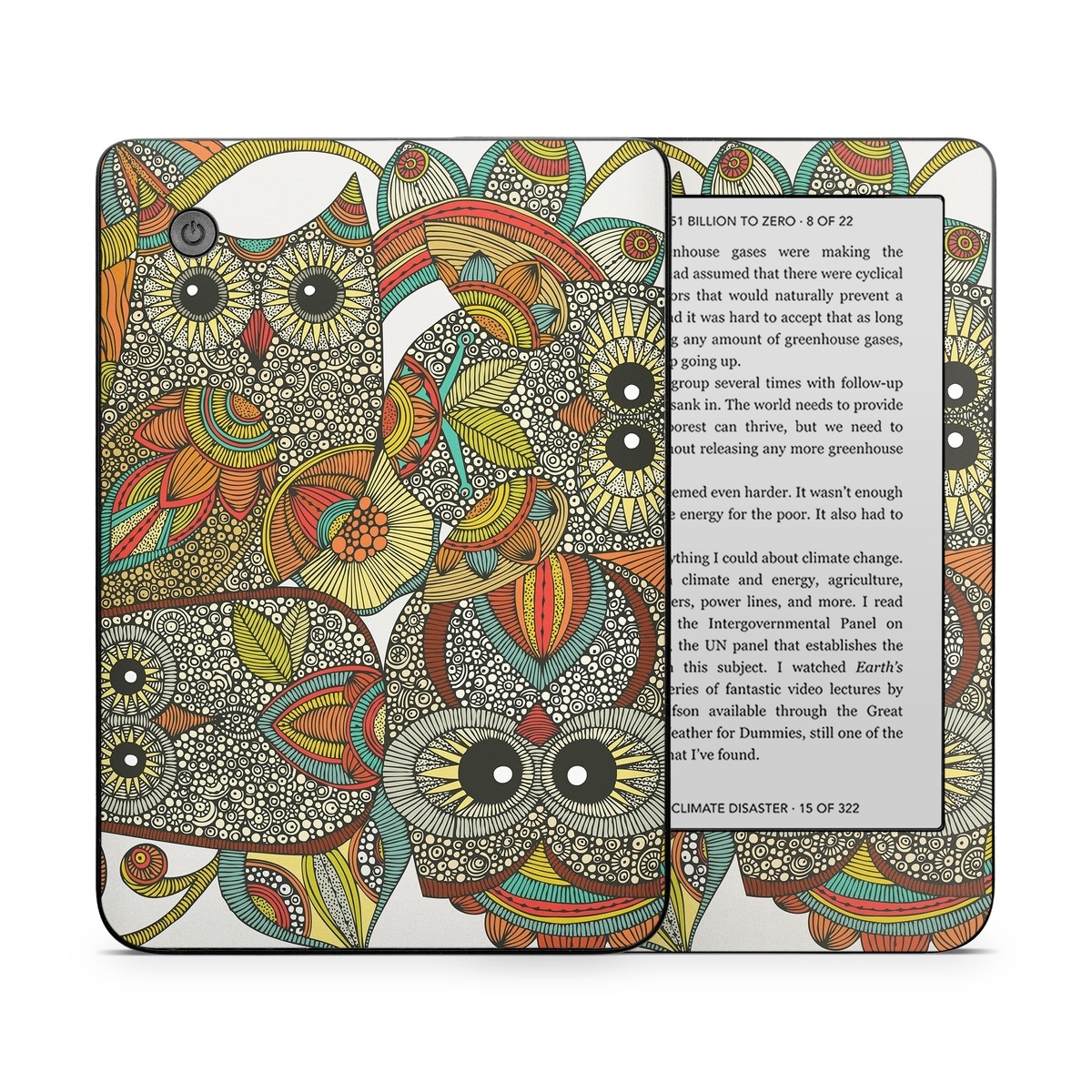 Kobo Clara 2E Skin design of Owl, Pattern, Visual arts, Art, Design, Textile, Illustration, Motif, Bird, with white, green, orange, yellow, blue, red colors