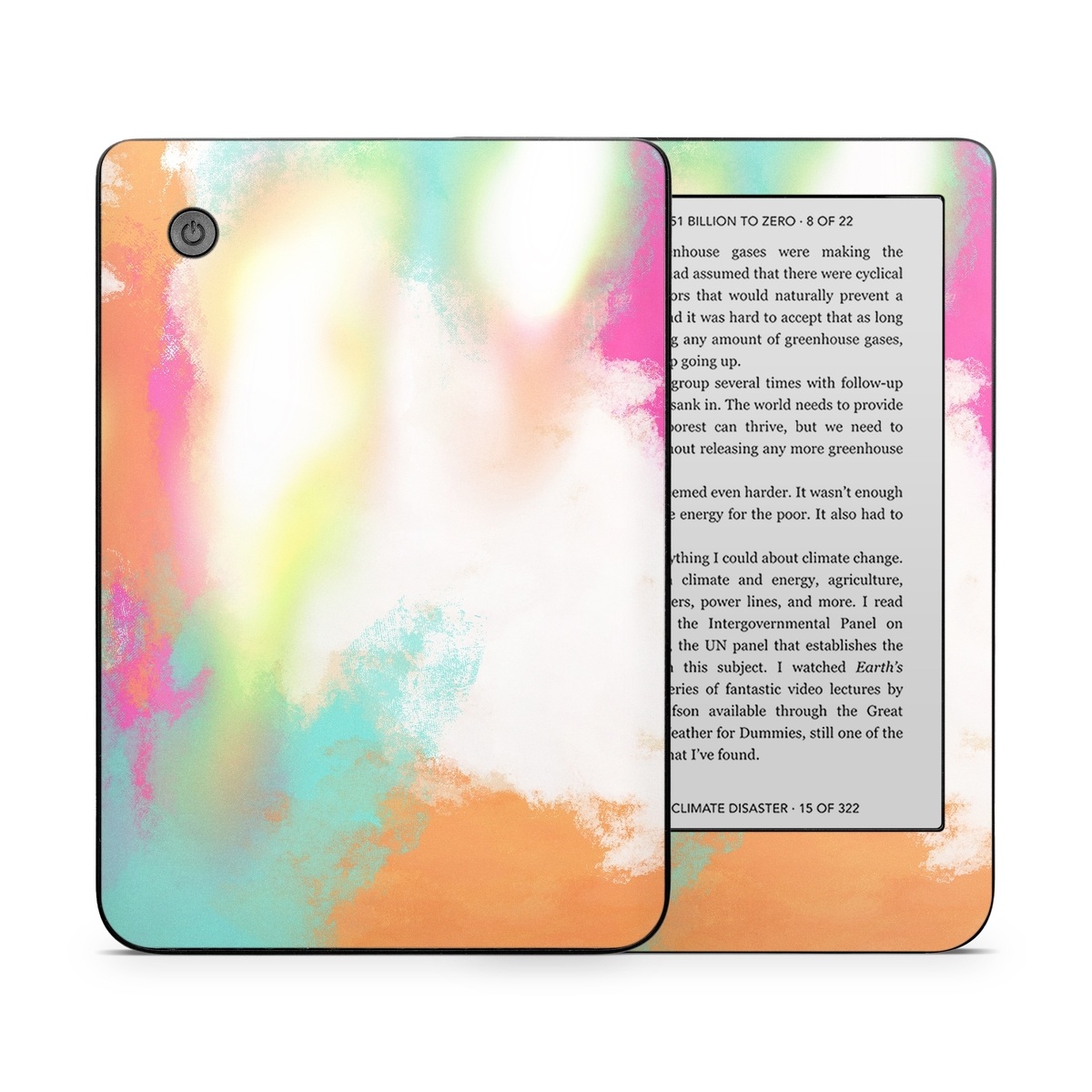Kobo Clara 2E Skin design of Sky, Yellow, Orange, Pink, Art, Illustration, Visual Arts, Pattern, Colorfulness, Watercolor Paint, with white, pink, orange, yellow, blue, brown colors