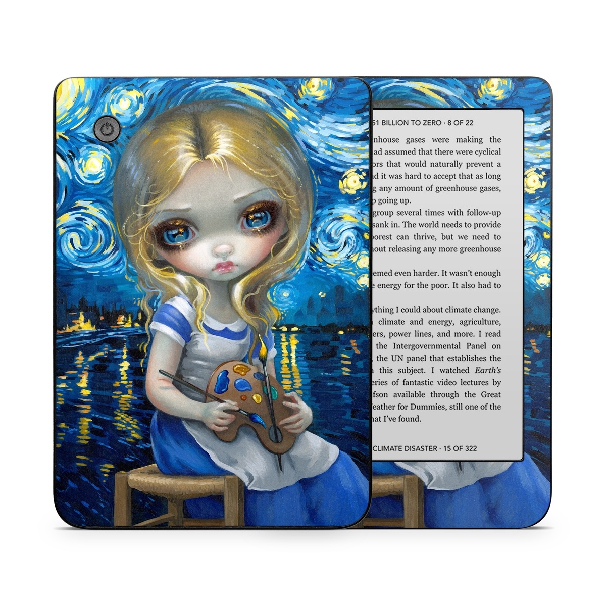 Kobo Clara 2E Skin design of Blue, Illustration, Cg artwork, Doll, Art, Acrylic paint, Painting, Toy, Fictional character, Visual arts, with blue, yellow, white, brown, red colors