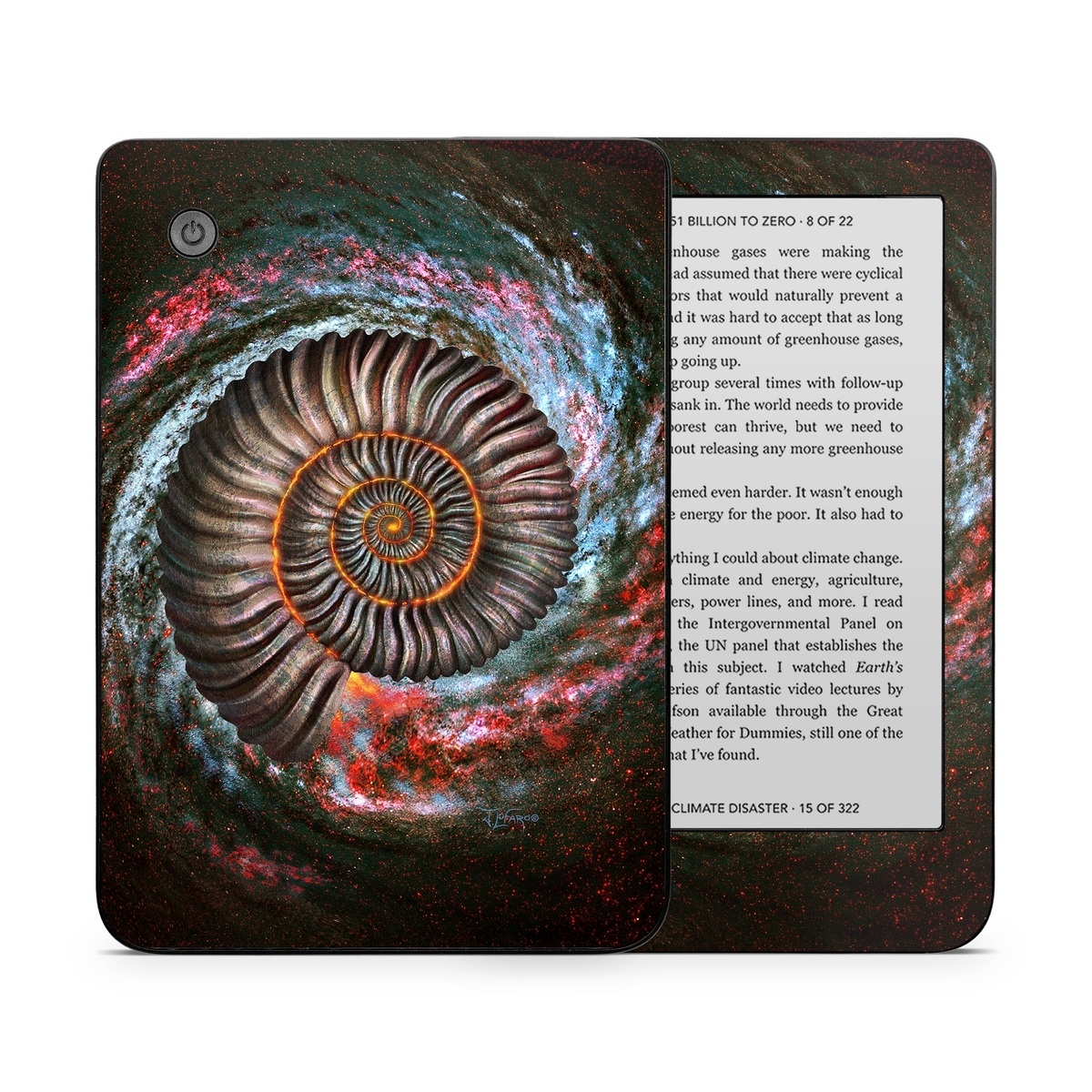 Kobo Clara 2E Skin design of Spiral, Fractal art, Vortex, Circle, Art, Ammonoidea, with black, brown, red, white, blue, green colors