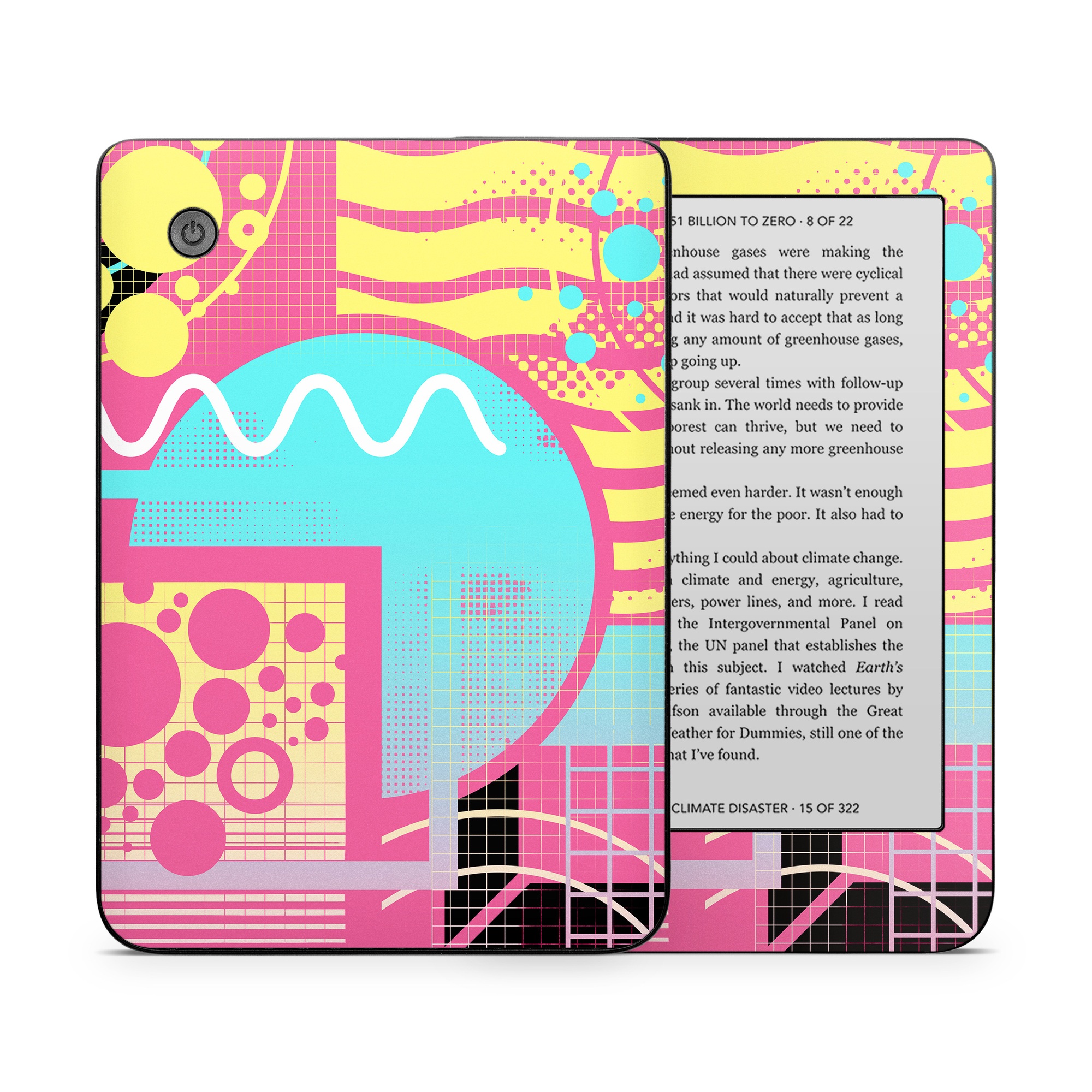 Kobo Clara 2E Skin design of Textile, Organism, Font, Art, Pink, Rectangle, Line, Aqua, Magenta, Circle, with pink, yellow, blue, black, white colors