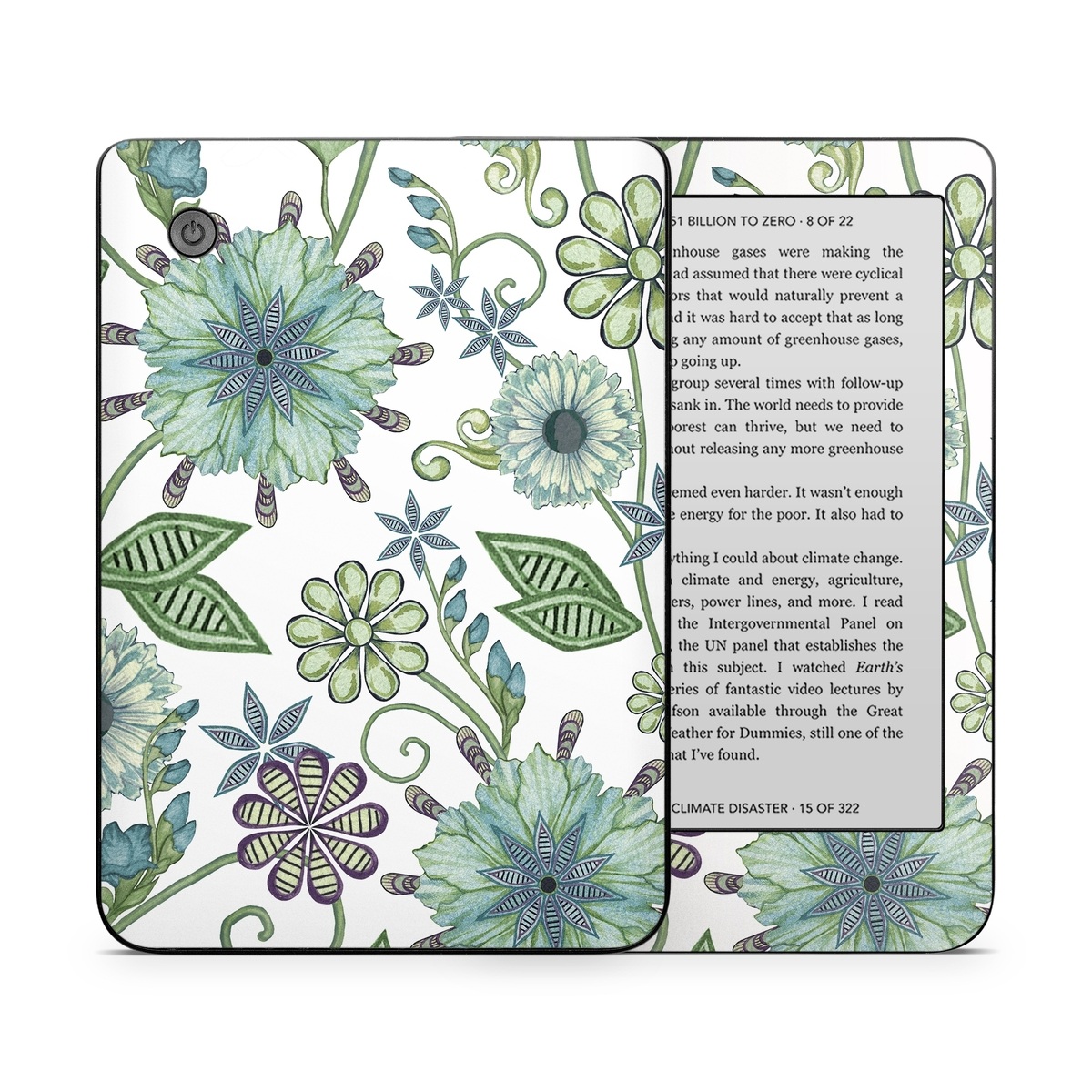 Kobo Clara 2E Skin design of Green, Pattern, Flower, Botany, Plant, Leaf, Design, Wildflower, with white, green, blue colors