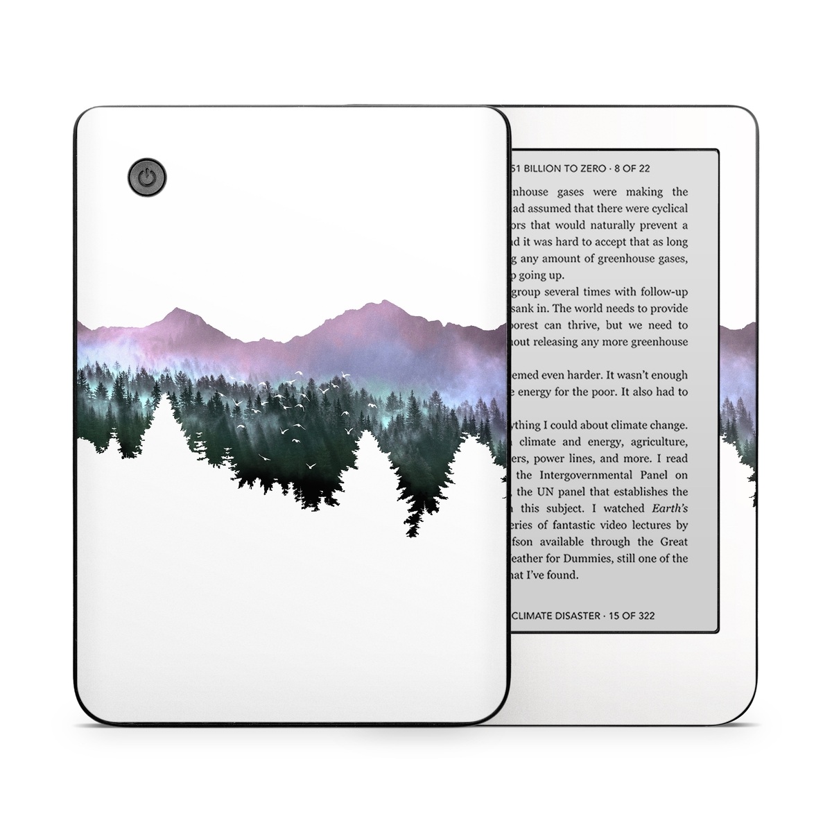 Kobo Clara 2E Skin design of Nature, Mountainous landforms, Mountain, Atmospheric phenomenon, Tree, Wilderness, Sky, Mountain range, Forest, Hill, with white, black, purple, blue, green colors