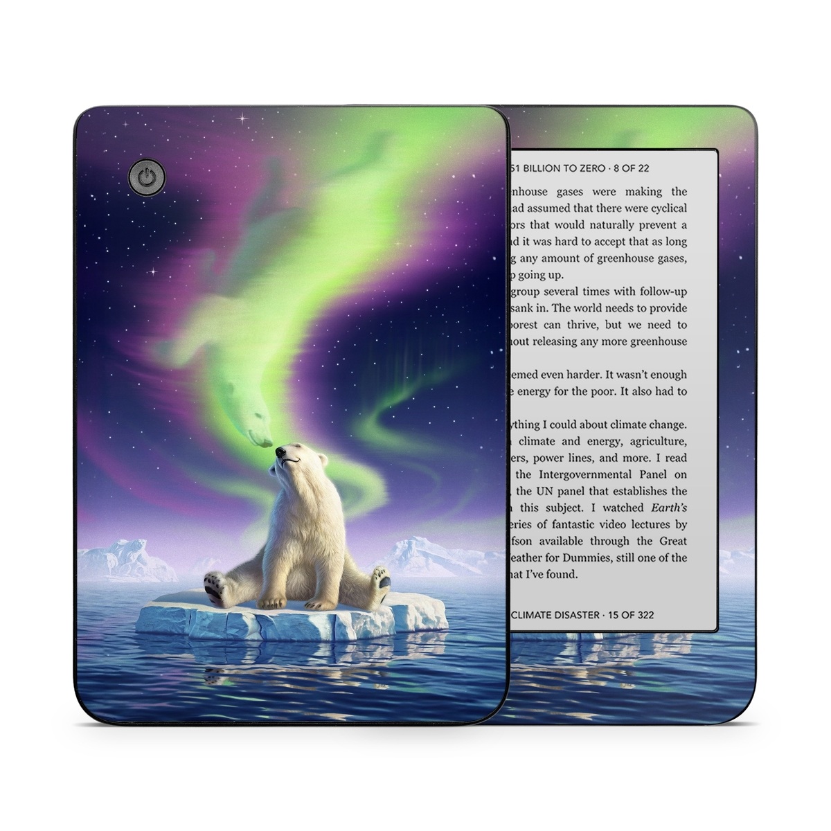 Kobo Clara 2E Skin design of Aurora, Sky, Wildlife, Polar bear, Fictional character, with white, blue, green, purple colors