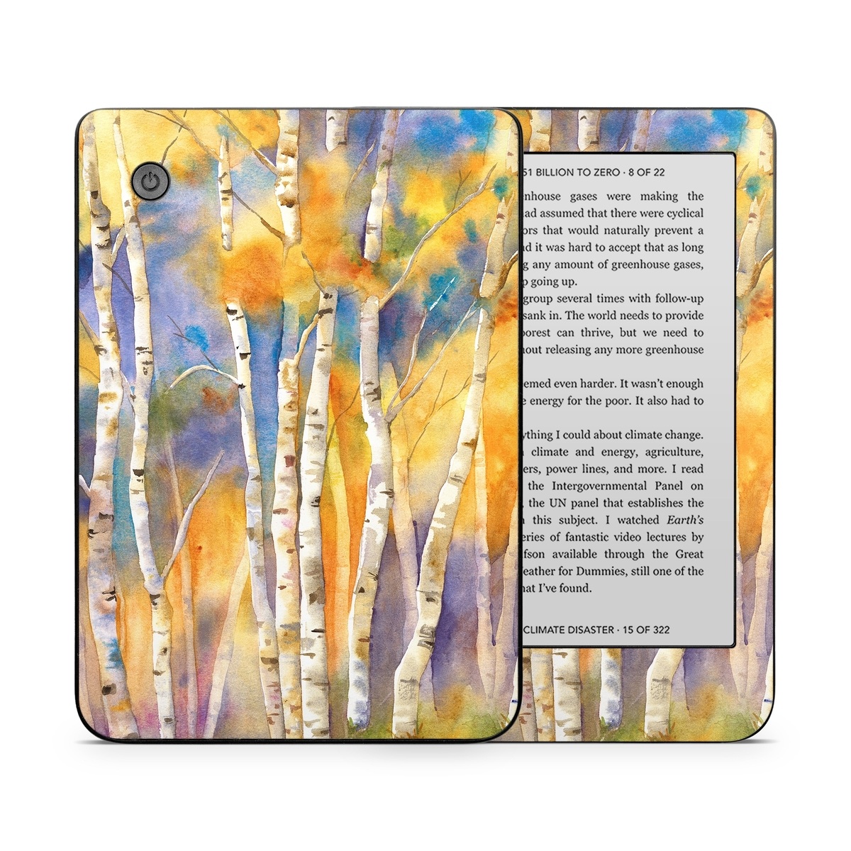 Kobo Clara 2E Skin design of Canoe birch, Watercolor paint, Tree, Birch, Woody plant, Painting, Plant, Birch family, Paint, Trunk, with orange, yellow, green, white, purple, blue colors