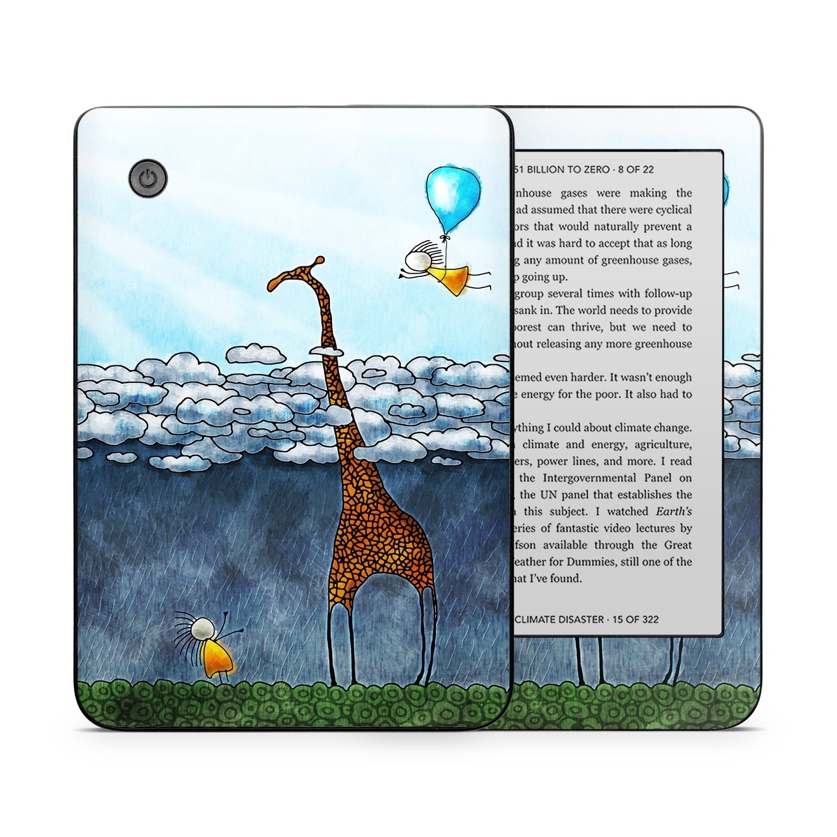 Kobo Clara 2E Skin design of Giraffe, Sky, Tree, Water, Branch, Giraffidae, Illustration, Cloud, Grassland, Bird, with blue, gray, yellow, green colors