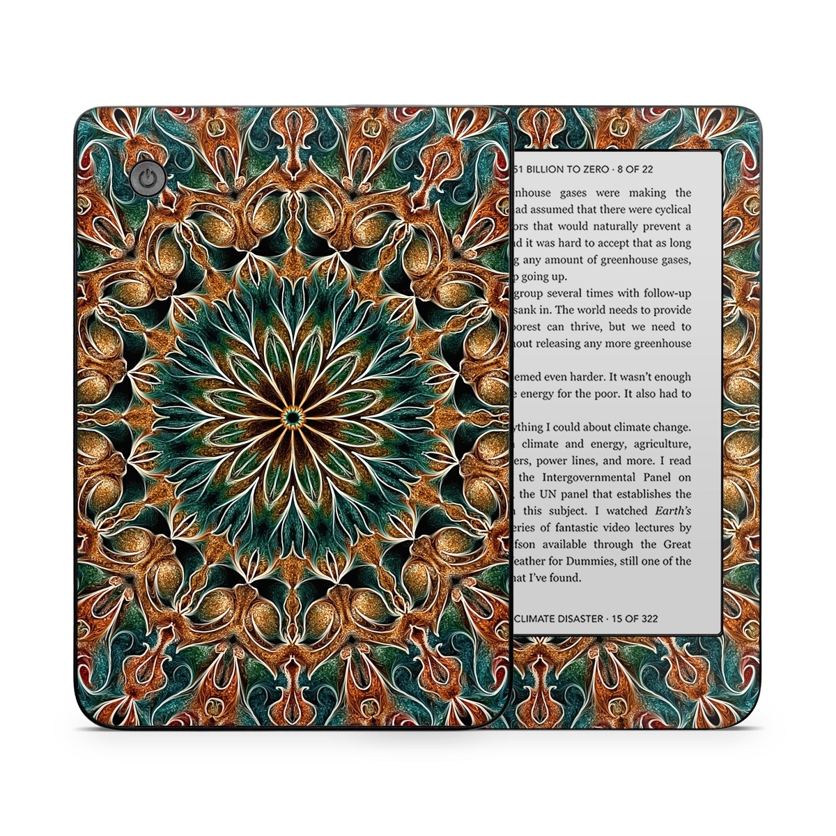 Kobo Clara 2E Skin design of Pattern, Symmetry, Textile, Art, Psychedelic art, Tapestry, Design, Visual arts, Kaleidoscope, Motif, with green, orange, yellow, brown, red colors