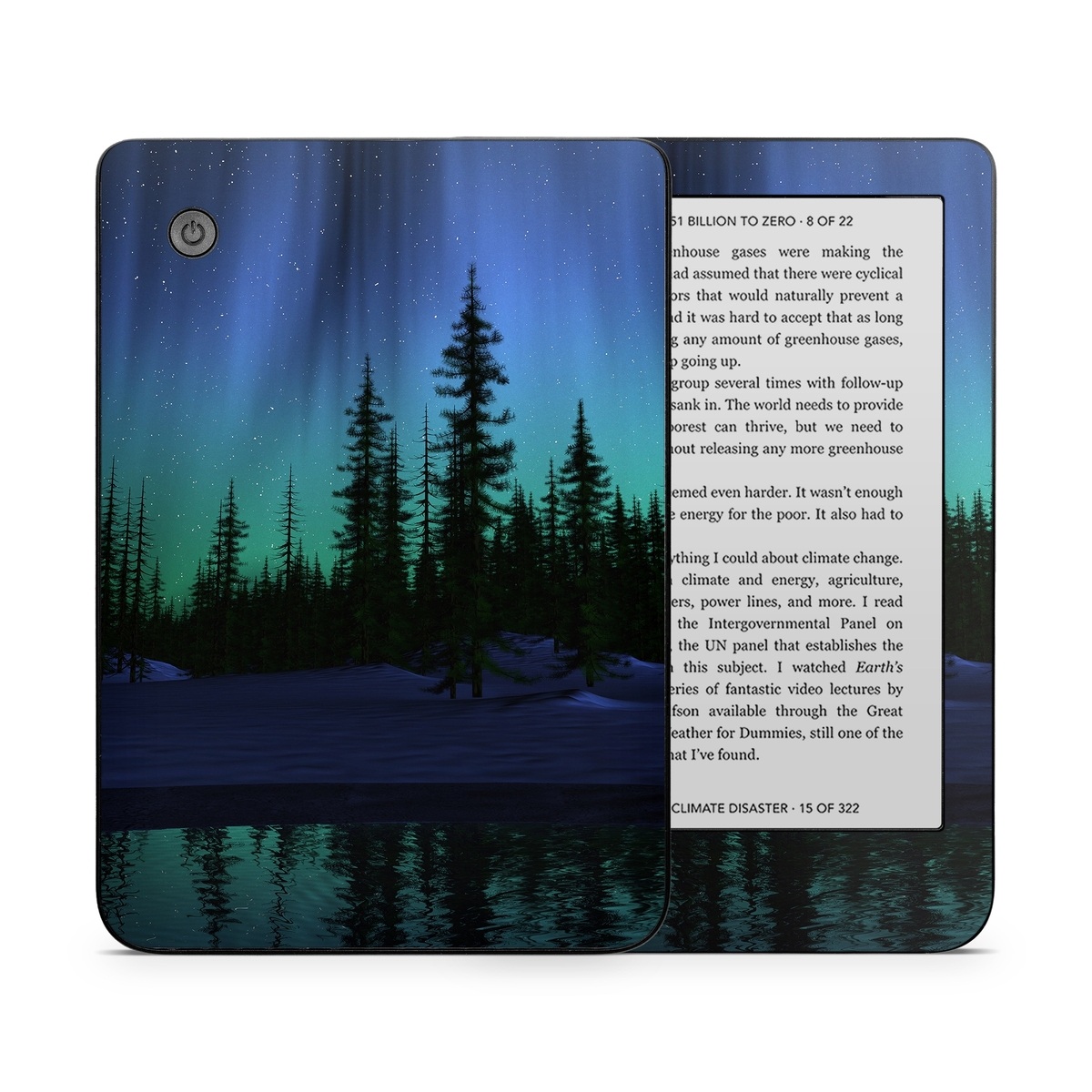 Kobo Clara 2E Skin design of Aurora, Nature, Sky, shortleaf black spruce, Natural landscape, Tree, Wilderness, Natural environment, Biome, Spruce-fir forest, with blue, purple, green, black colors