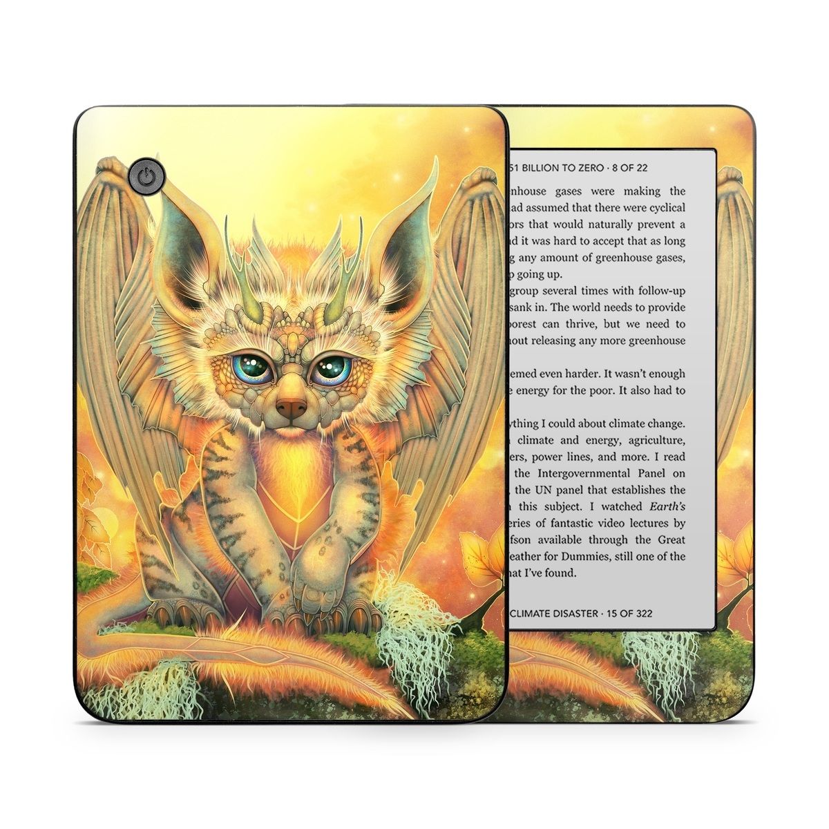 Kobo Clara 2E Skin design of Nature, Mammal, Art, Fawn, Owl, Illustration, Tail, Fictional character, Visual arts, Terrestrial animal, with yellow, orange, green, white, black colors