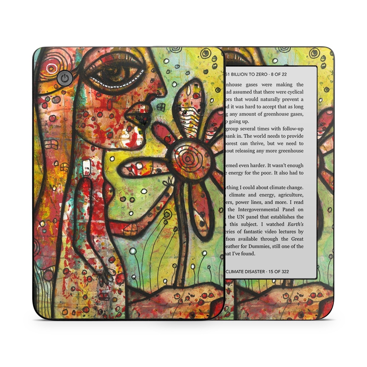 Kobo Clara 2E Skin design of Modern art, Art, Painting, Acrylic paint, Psychedelic art, Visual arts, Watercolor paint, Illustration, Paint, Style, with green, black, red, white, orange, yellow colors