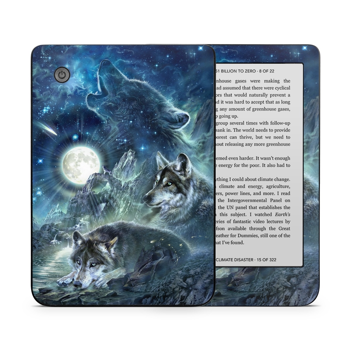 Kobo Clara 2E Skin design of Cg artwork, Fictional character, Darkness, Werewolf, Illustration, Wolf, Mythical creature, Graphic design, Dragon, Mythology, with black, blue, gray, white colors