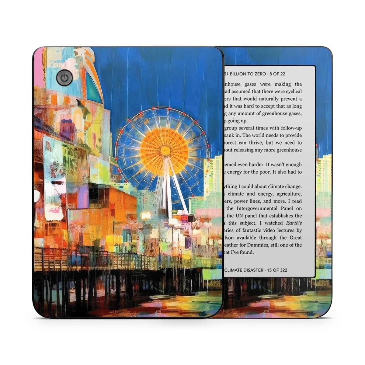 Kobo Clara 2E Skin design of Light, World, Window, Tints and shades, City, Art, Leisure, Event, Building, Ferris wheel, with black, white, blue, pink, red, orange, yellow, green colors
