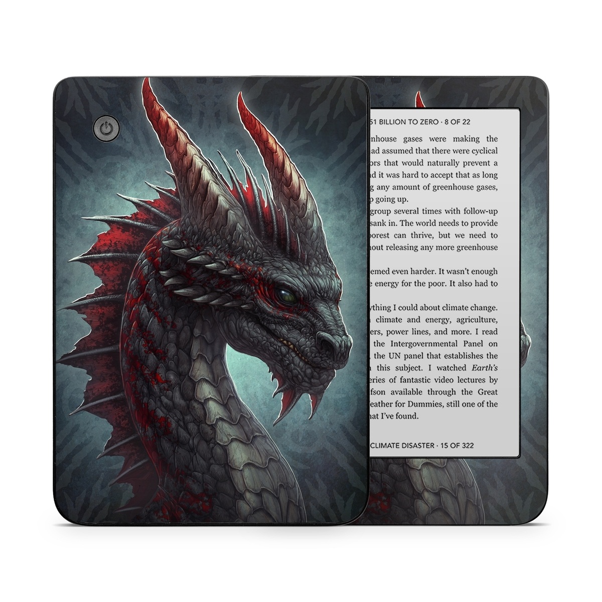 Kobo Clara 2E Skin design of Dragon, Fictional character, Mythical creature, Demon, Cg artwork, Illustration, Green dragon, Supernatural creature, Cryptid, with red, gray, blue colors